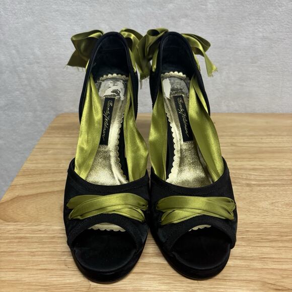 Beverly Feldman Vintage Black Satin Green Ribbon Platform Peep Toe Heels Size 7 - Picture 4 of 14